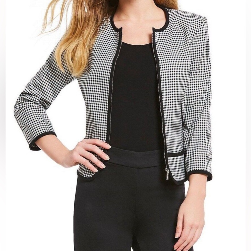 New! Calvin Klein GINGHAM ZIP 3/4 SLEEVE JACKET! Size 10